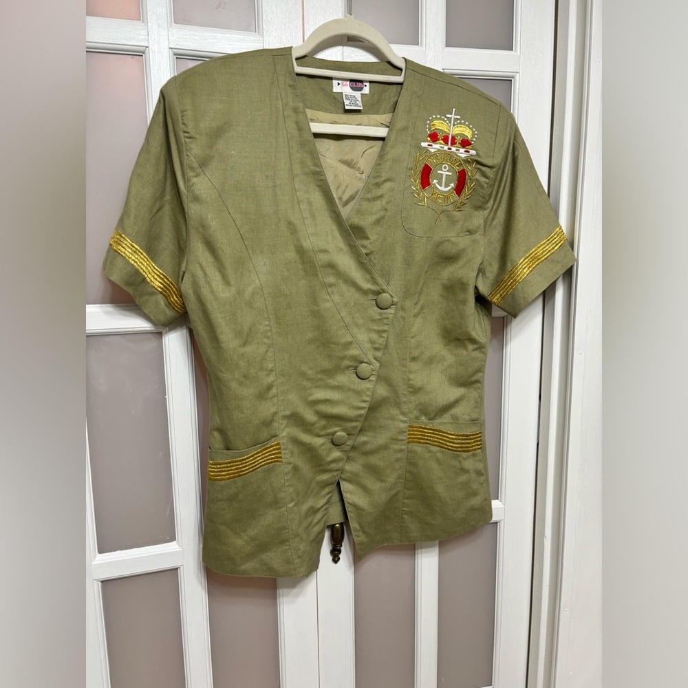 Vintage Le Club Ramie Cotton Nautical Crest Blazer Jacket Olive Women 13/14